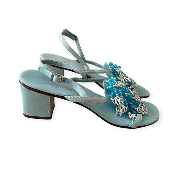 Vintage 60s Amalfi by Rangoni Beaded Mod Heel Sandals 5.5M – Blue, Made in Italy - Picture 5 of 15